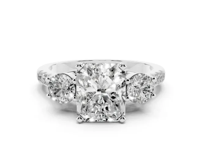 Three-Stone Radiant Cut Diamond Pavé Band Ring Set in White gold with Prong-Set Trio