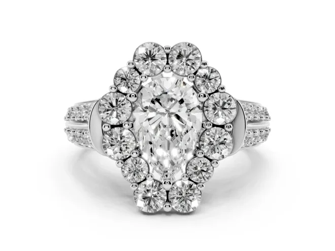 Pear Cut Diamond Halo Engagement Ring Set in White gold with Split Shank and Prong Setting