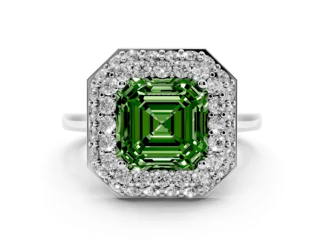 Asscher Cut Pavé Halo Engagement Ring Setting for a Fancy Green Lab-Grown Diamond | Slim Plain Band | White Gold