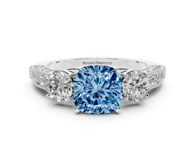 Fancy Blue Cushion Cut Diamond Three-Stone Ring Set in Platinum with Round Side Stones and Pavé Band