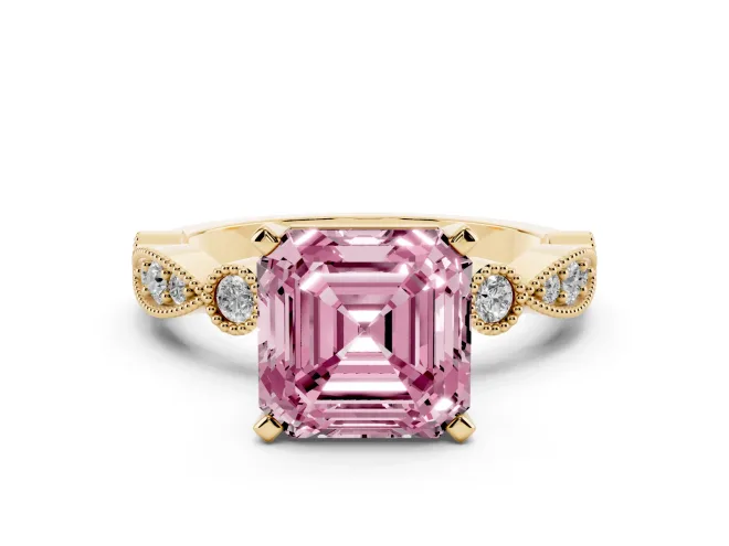 Fancy Pink Asscher Cut Diamond Solitaire Engagement Ring Set in Yellow gold with Milgrain Bezel Accent Band