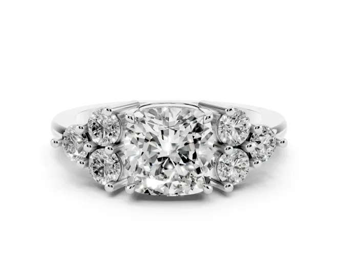 Cushion Cut Diamond Solitaire Ring Set in White gold with Cluster Accents on Each Side