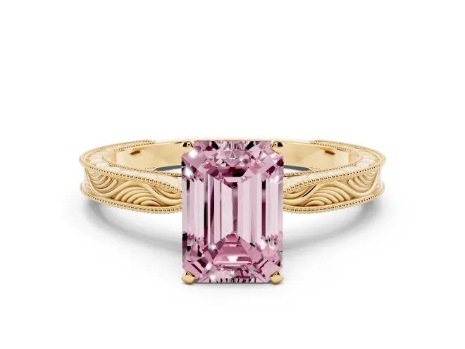 Emerald Cut Engraved Engagement Ring Setting for a Fancy Pink Lab-Grown Diamond | Yellow Gold