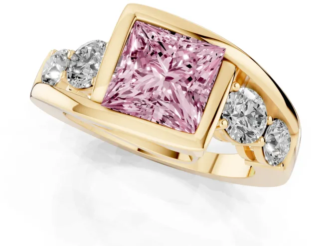 Fancy Pink Princess Cut Diamond Bezel Bypass Ring Set in Yellow gold with Round Accents – second view