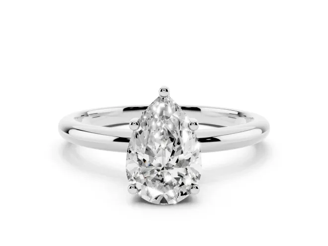 Pear Cut Diamond Solitaire Engagement Ring Set in White gold with Prong Setting and Polished Band