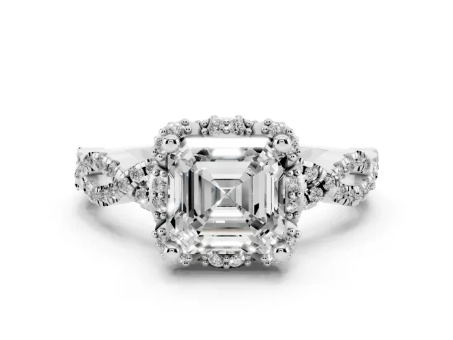Asscher Cut Diamond Halo Twist Band Solitaire Ring Set in Silver with Prong-Set Center Stone