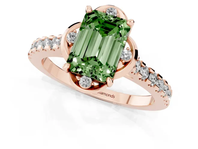 Fancy Green Emerald Cut Diamond Solitaire Ring Set in Rose gold with Pavé Band and Floral Prong Setting – second view