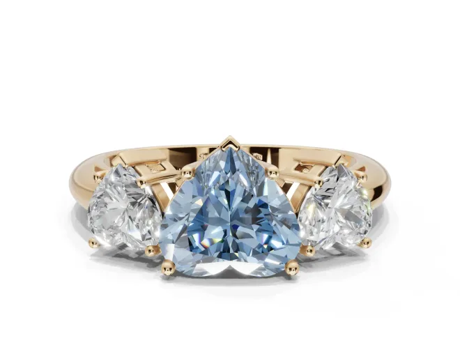 Heart-Shaped Three Stone Engagement Ring Setting for a Fancy Blue Lab-Grown Diamond | Plain Band | Yellow Gold