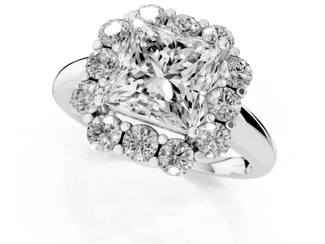Princess Cut Diamond Milgrain Halo Solitaire Ring Set in Platinum with Bezel Set Side Stones and Pavé Band – second view