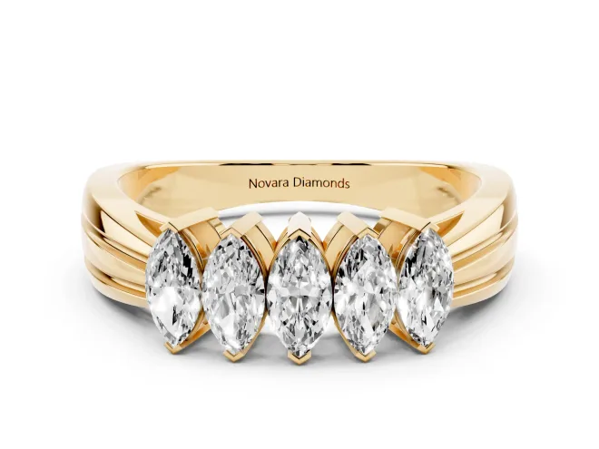 Marquise Lab-Grown Diamond North-South Wedding Band | Ribbed Shoulders | Yellow Gold
