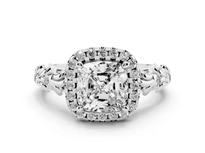 Cushion Cut Filigree Leaf Halo Engagement Ring Setting | Bezel Leaf Accents | Sterling Silver
