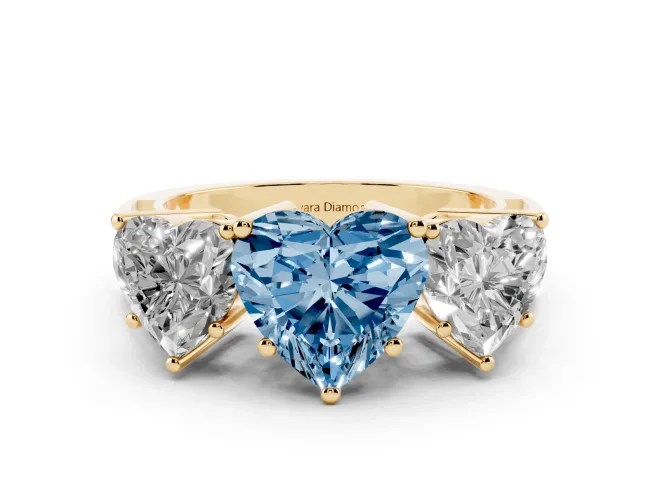 Fancy Blue Heart Cut Diamond Three-Stone Ring Set in Yellow gold with Textured Band