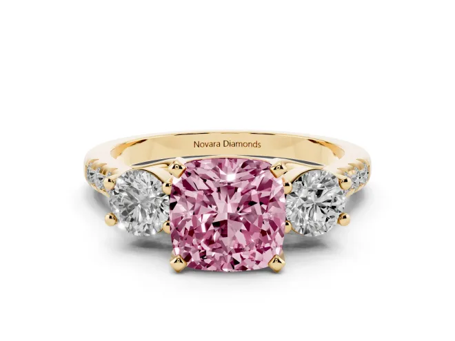 Cushion Cut Three-Stone Engagement Ring Setting for a Fancy Pink Lab-Grown Diamond | Yellow Gold