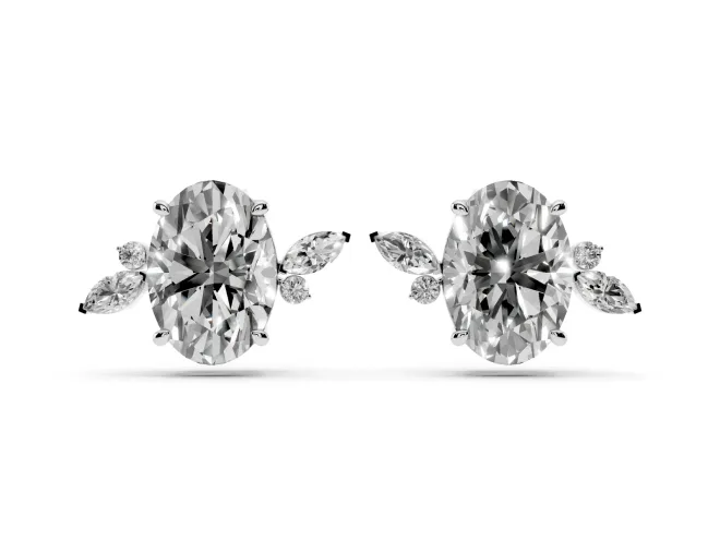 Oval Lab-Grown Diamond Nature Stud Earrings | Marquise Leaves | White Gold