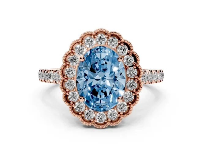 Oval Vintage Milgrain Floral Halo Engagement Ring Setting for a Fancy Blue Lab-Grown Diamond | Pavé Band | Rose Gold