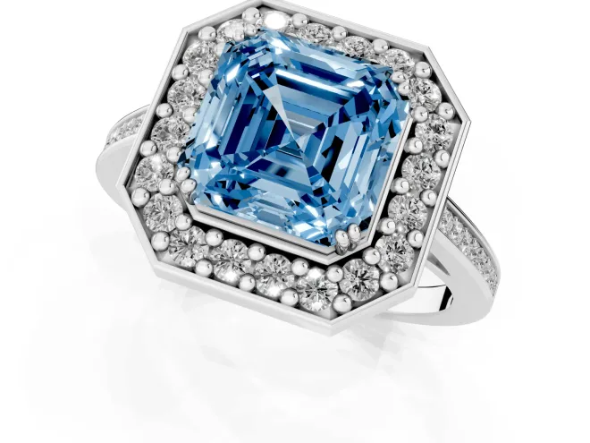 Fancy Blue Asscher Cut Diamond Halo Ring Set in Platinum with Accent-Lined Split Shank and Prong Setting – second view