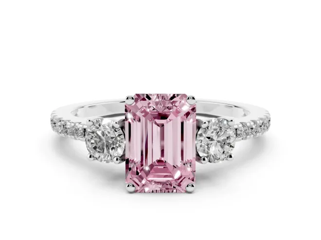 Fancy Pink Emerald Cut Diamond Three-Stone Ring Set in White gold with Pavé Band and Graduated Sides