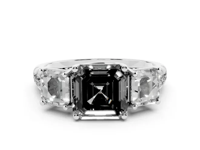 Fancy Black Asscher Cut Diamond Three-Stone Ring Set in White gold with Pavé Band