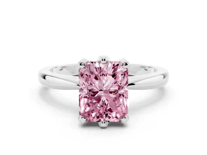 Fancy Pink Radiant Cut Diamond Solitaire Engagement Ring Set in White gold with Slim Tapered Solitaire Band