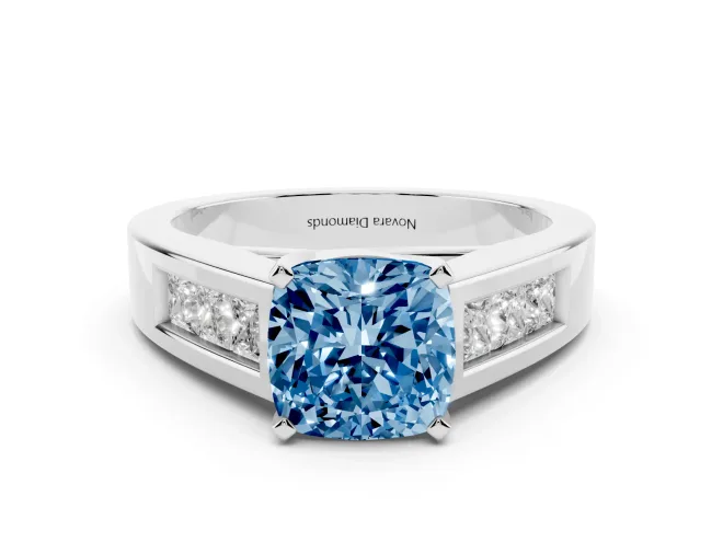 Fancy Blue Cushion Cut Diamond Solitaire Ring Set in Silver with Channel-Set Accent Stones and Prong Setting
