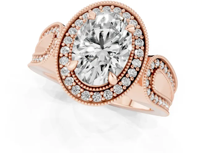Oval Cut Diamond Halo Ring Set in Rose gold with Milgrain Accent Split Shank – second view