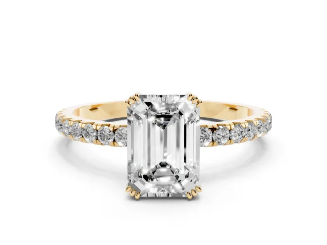 Emerald Cut Diamond Brilliant Solitaire Set in Yellow gold with Pavé Band and Claw Prong Setting