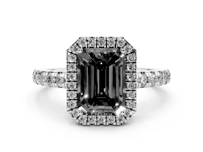 Fancy Black Emerald Cut Diamond Halo Ring Set in Platinum with Delicate Pavé Band and Prong Setting