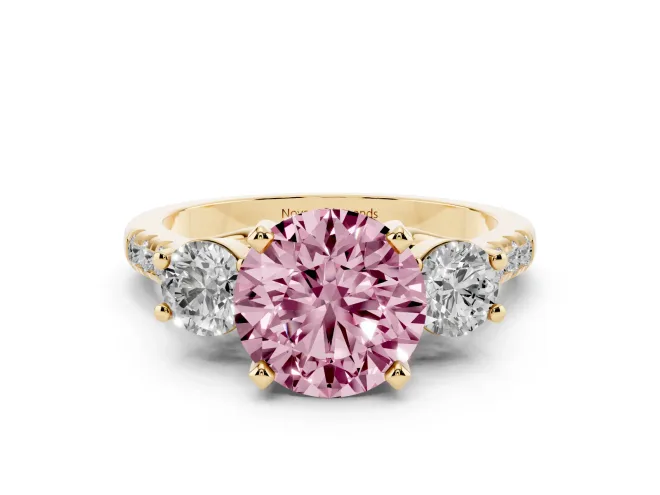 Round Three-Stone Engagement Ring Setting for a Fancy Pink Lab-Grown Diamond | Yellow Gold