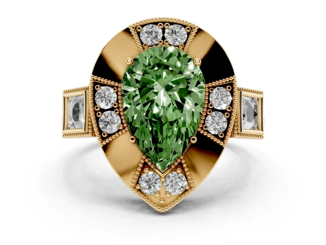 Fancy Green Pear Cut Diamond Milgrain Halo Ring Set in Yellow gold with Split Shank