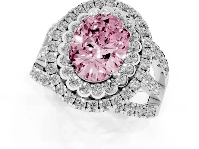 Fancy Pink Oval Cut Diamond Double Halo Ring Set in White gold with Round Pavé Split Shank – second view
