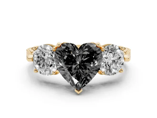 Fancy Black Heart Cut Diamond Three-Stone Ring Set in Yellow gold with Milgrain Band