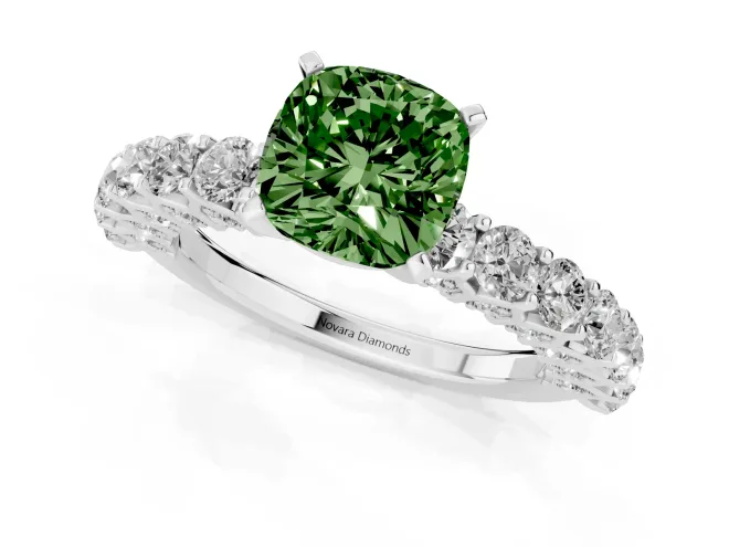 Fancy Green Cushion Cut Diamond Solitaire Ring Set in White gold with Shared Prong Pavé Band – second view