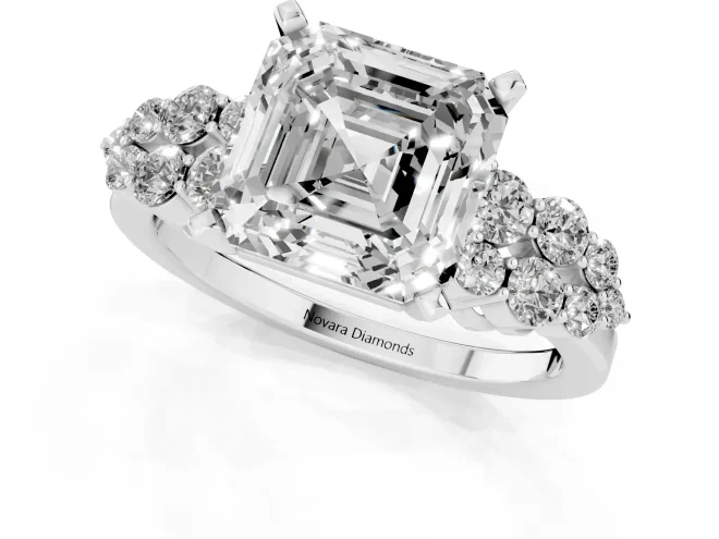 Asscher Cut Diamond Cluster Engagement Ring Set in White gold with Pavé Band and Prong Setting – second view