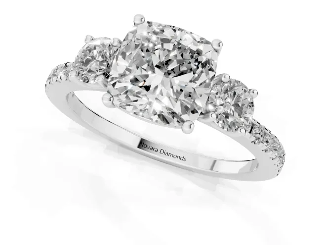 Cushion Cut Diamond Three-Stone Ring Set in Silver with Pavé Band and Graduated Sides – second view