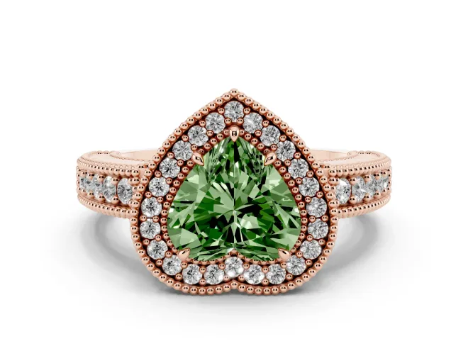 Heart-Shaped Milgrain Halo Engagement Ring Setting for a Fancy Green Lab-Grown Diamond | Carved Leaf Detail | Rose Gold
