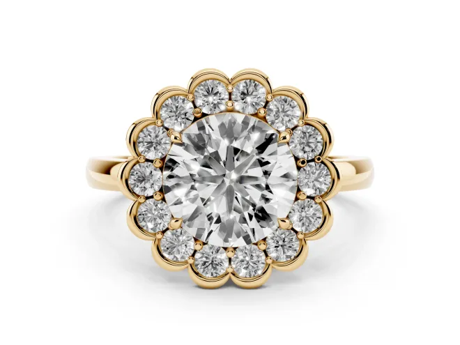 Round Cut Diamond Halo Cluster Engagement Ring Set in Yellow gold with Solitaire Band and Prong Setting