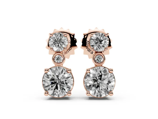 Round Lab-Grown Diamond Two Stone Drop Earrings | Bezel Accent Link | Rose Gold