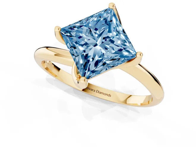 Fancy Blue Princess Cut Diamond Solitaire Engagement Ring Set in Yellow gold with Classic Plain Band – second view