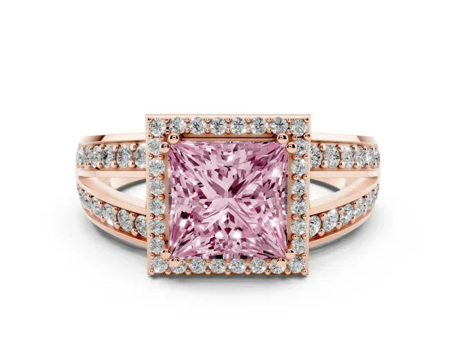 Fancy Pink Princess Cut Diamond Halo Ring Set in Rose gold with Double Pavé Split Shank