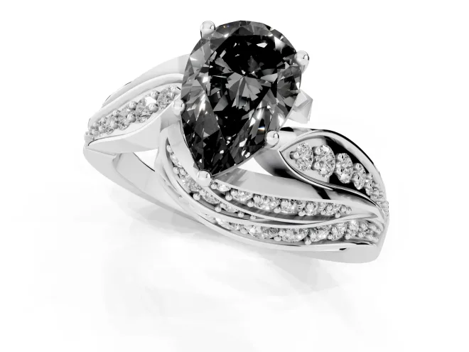 Fancy Black Pear Cut Diamond Solitaire Ring Set in Silver with Layered Twist Pavé Band – second view