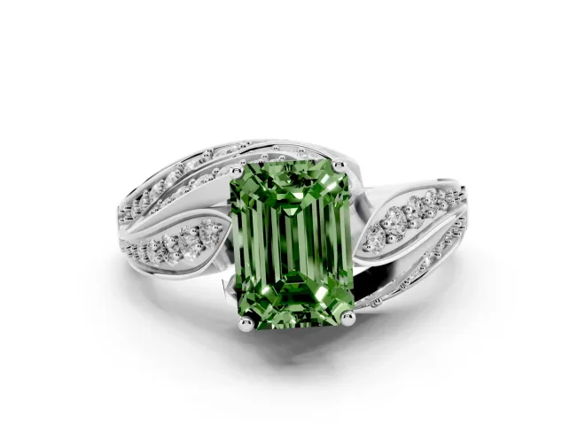 Fancy Green Emerald Cut Diamond Solitaire Ring Set in Silver with Layered Twist Pavé Band