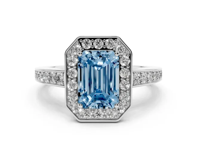 Emerald Cut Framed Halo Engagement Ring Setting for a Fancy Blue Lab-Grown Diamond | White Gold