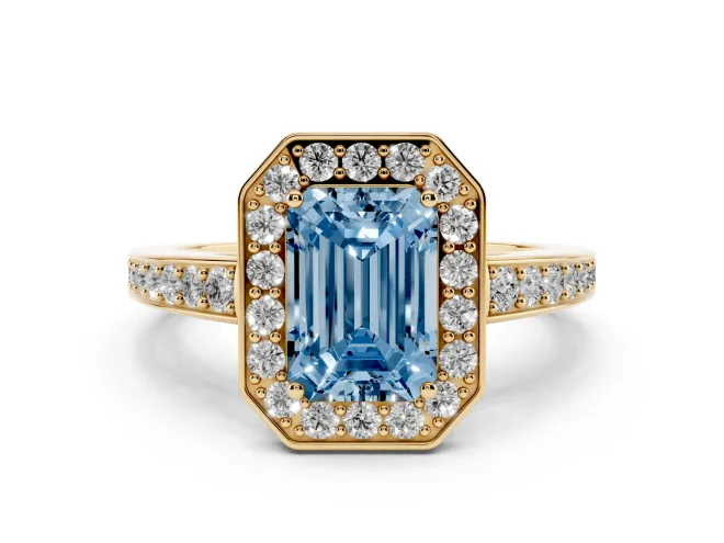 Emerald Cut Framed Halo Engagement Ring Setting for a Fancy Blue Lab-Grown Diamond | Yellow Gold