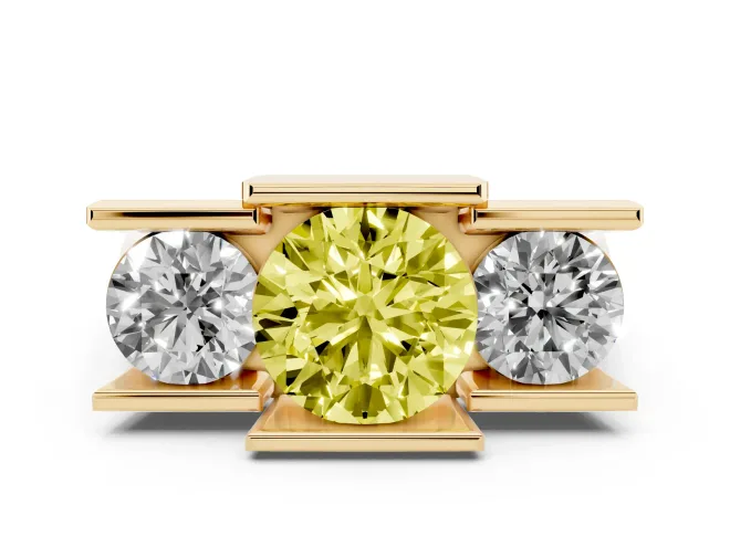 Fancy Yellow Round Cut Diamond Three-Stone Channel Set Ring Set in Yellow gold with Smooth Polished Band