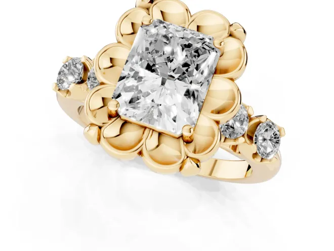 Radiant Cut Diamond Floral Halo Ring Set in Yellow gold with Shared Prong Band – second view