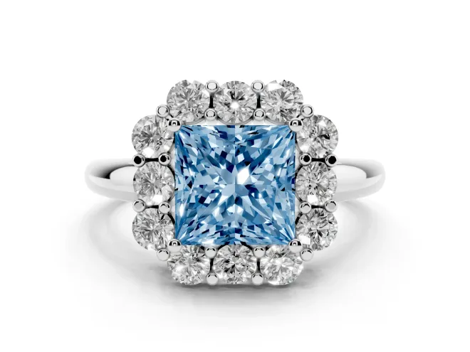 Fancy Blue Princess Cut Diamond Milgrain Halo Solitaire Ring Set in Platinum with Bezel Set Side Stones and Pavé Band
