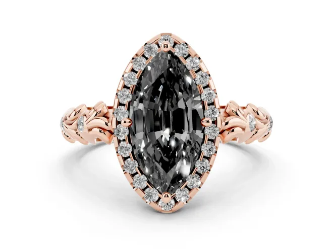 Fancy Black Marquise Cut Diamond Halo Ring Set in Rose gold with Filigree Leaf Band and Prong Setting