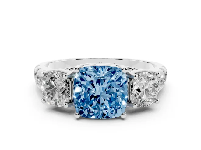Fancy Blue Cushion Cut Diamond Three-Stone Ring Set in White gold with Pavé Band