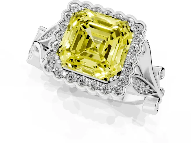 Fancy Yellow Asscher Cut Diamond Halo Ring Set in Silver with Leaf Motif Split Shank and Prong Setting – second view