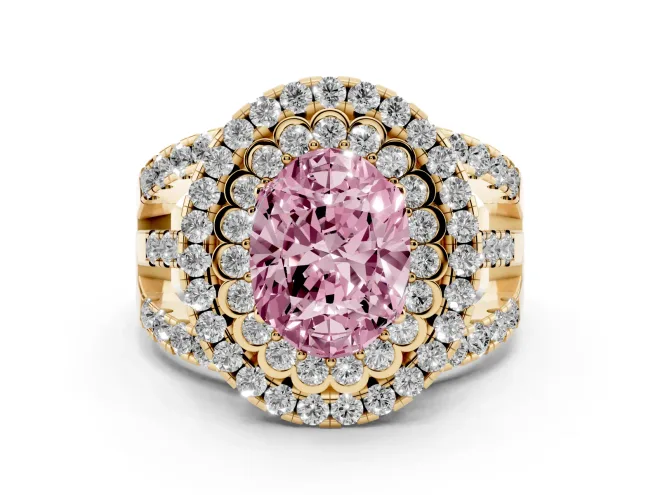 Oval Double Halo Split Shank Engagement Ring Setting for a Fancy Pink Lab-Grown Diamond | Pavé Strands | Yellow Gold